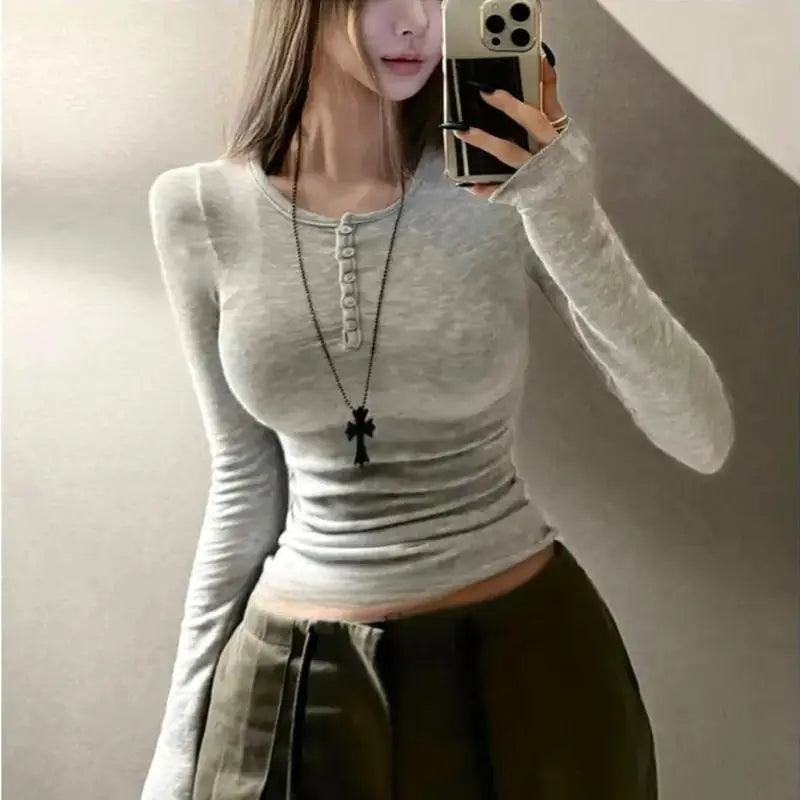 Fashion Versatile Long Sleeve Tight-fitting Tees Korean Spring Summer Women See-through T-Shirts Half-Open Collar Button Tops