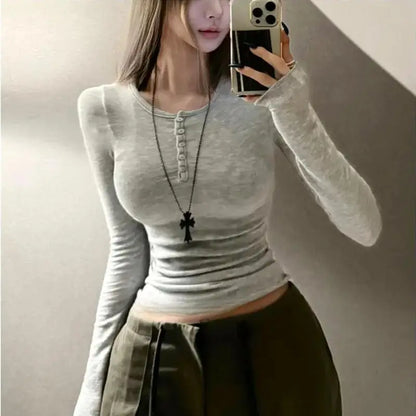 Fashion Versatile Long Sleeve Tight-fitting Tees Korean Spring Summer Women See-through T-Shirts Half-Open Collar Button Tops