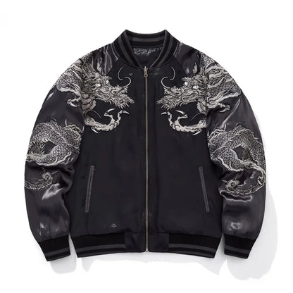 Harajuku Yokosuka Dragon Embroidered Jacket Autumn Street Hip Hop Men's Green Sleeve Japanese Coat