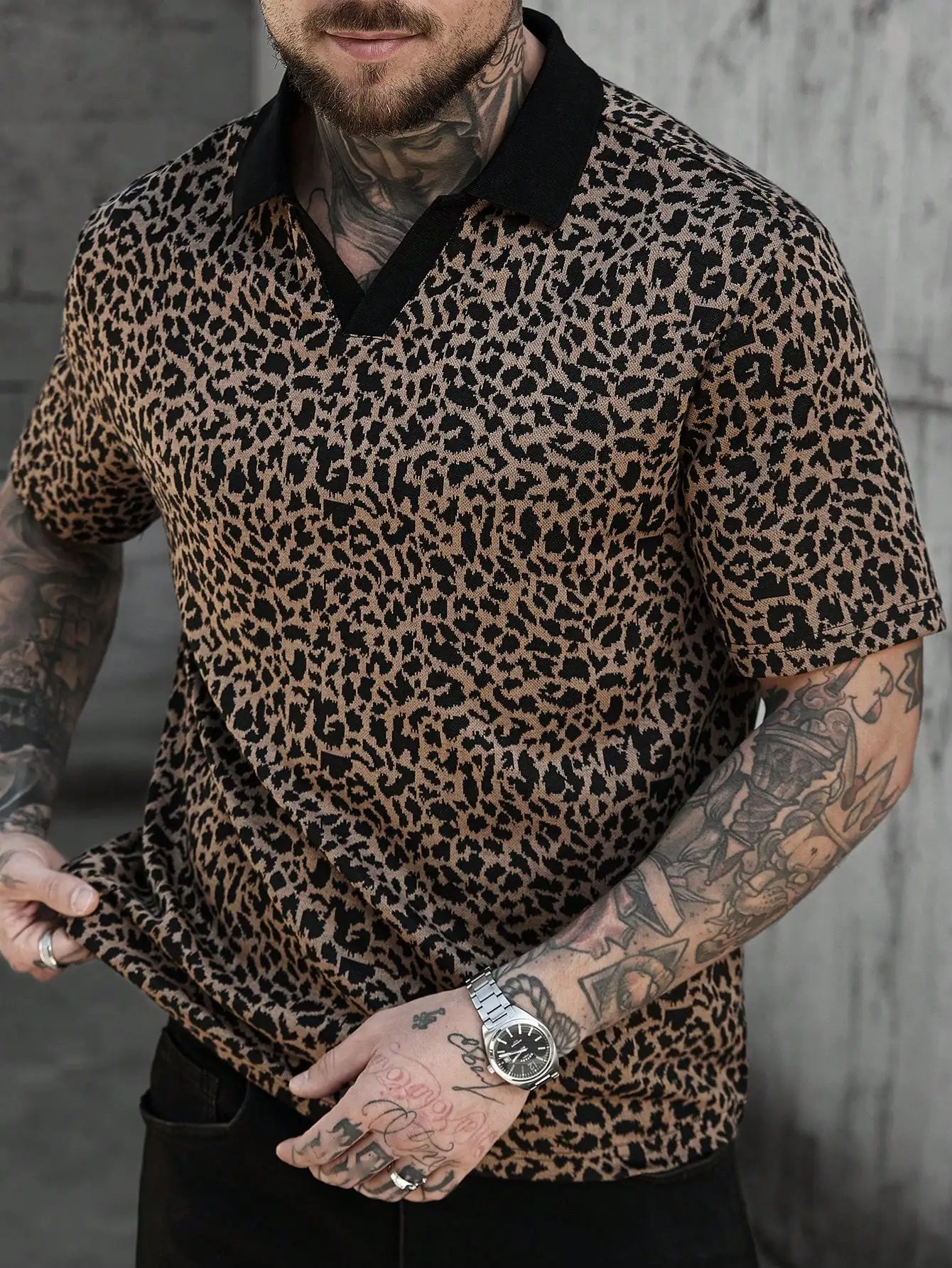 Men's Short Sleeve Leopard Print Polo Shirt Casual Streetwear