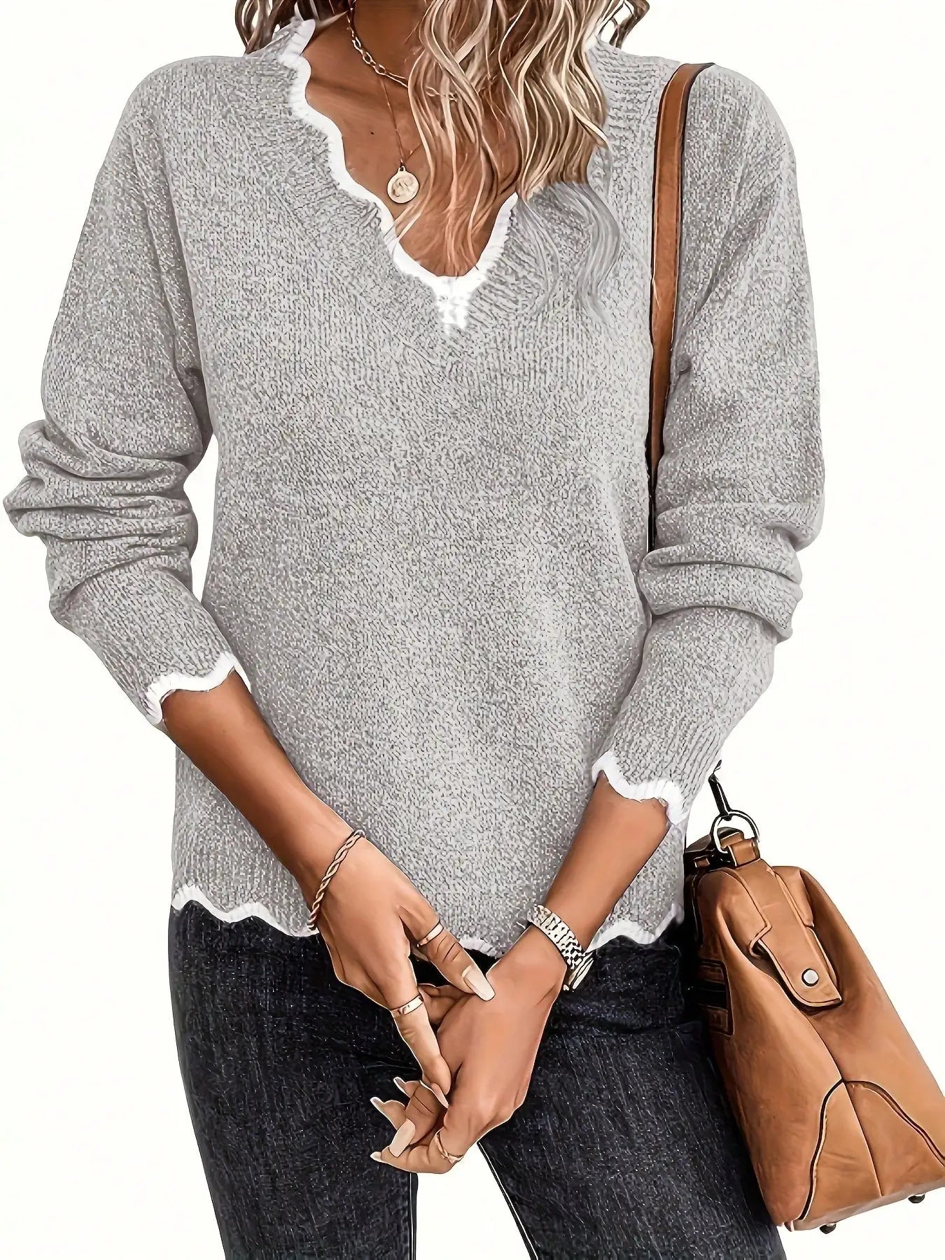 Women's Scalloped V Neck Long Sleeve Knit Sweater with Contrast Trim