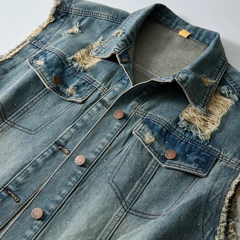 Blue Men's Ripped Sleeveless Denim Jacket, Single Breasted Loose Vintage Old Vest Coat, 2025 New