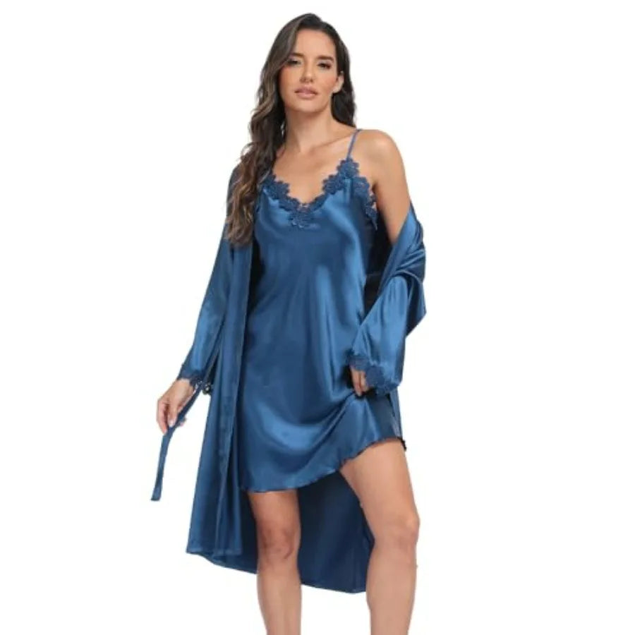 SPLASHGRIP Women's Satin Silk Nightgown with Robes Set 2 Pcs Sexy Lace Cami Nightwear Pajama Sets Kimono Bridesmaid Robes