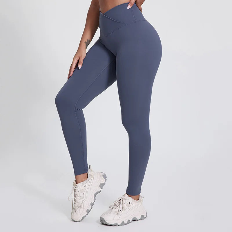 Solid Color Front Waist Cross High Waist Gym Yoga Leggings compression Fitness Sport Pants Athletic Comprehensive Training Jog