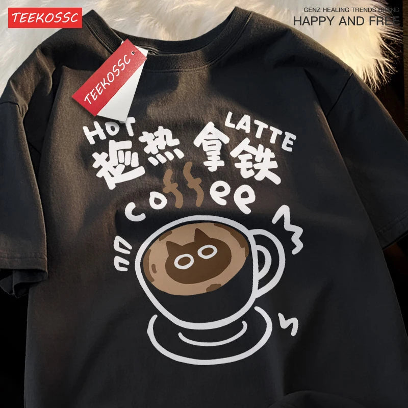 Hot Latte Coffee Cat Comedy Spring Cat Shoulder Drop Short Sleeve T-shirt Men Women Pure Cotton Japanese Style Couple T Shirts