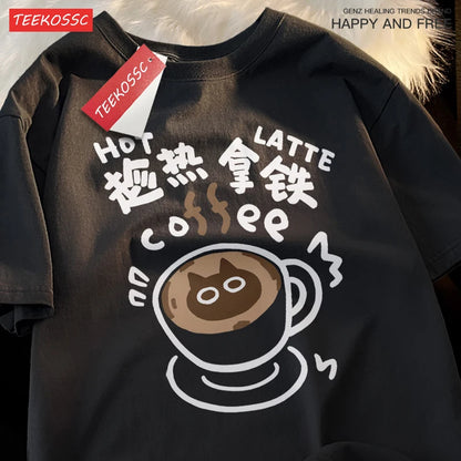 Hot Latte Coffee Cat Comedy Spring Cat Shoulder Drop Short Sleeve T-shirt Men Women Pure Cotton Japanese Style Couple T Shirts