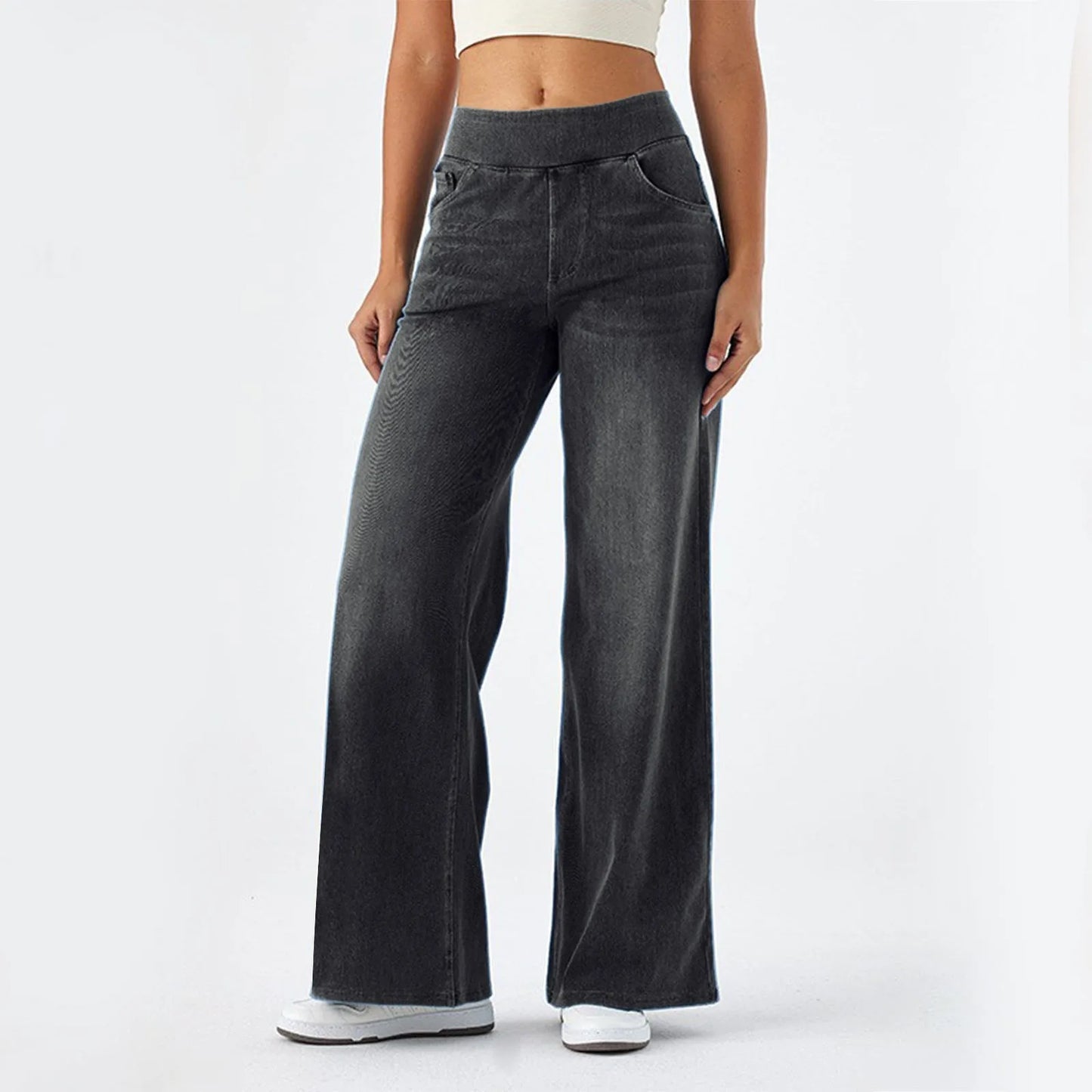 Casual Baggy Jeans Women's Elastic Waistband Wide Leg Jeans Elegant Slim Fit Denim Trousers American Retro Denim Palazzo Pants
