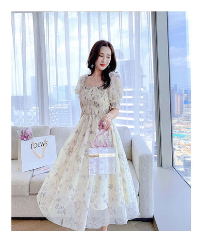 Zoki Elegant Floral Chiffon Party Dress Women Fashion Puff Sleeve A Line Midi Dress Sweet Square Collar Korean Female Vestidos