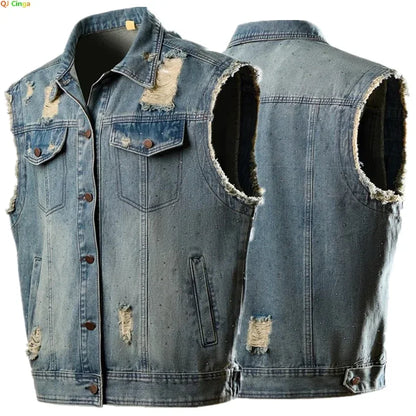 Blue Men's Ripped Sleeveless Denim Jacket, Single Breasted Loose Vintage Old Vest Coat, 2025 New