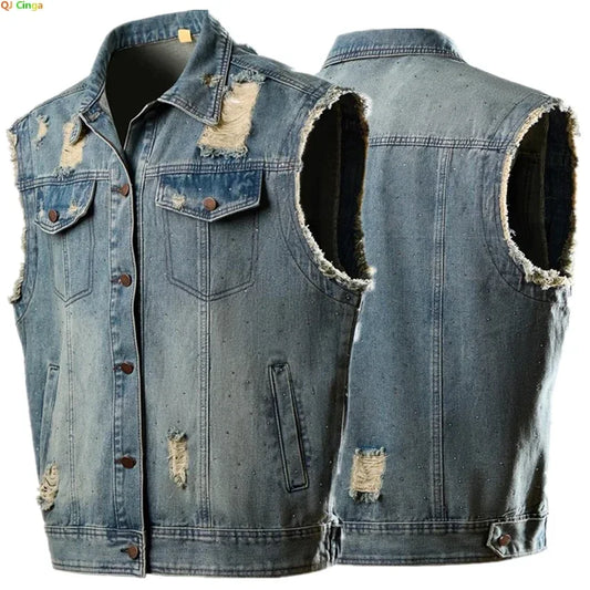 Blue Men's Ripped Sleeveless Denim Jacket, Single Breasted Loose Vintage Old Vest Coat, 2025 New
