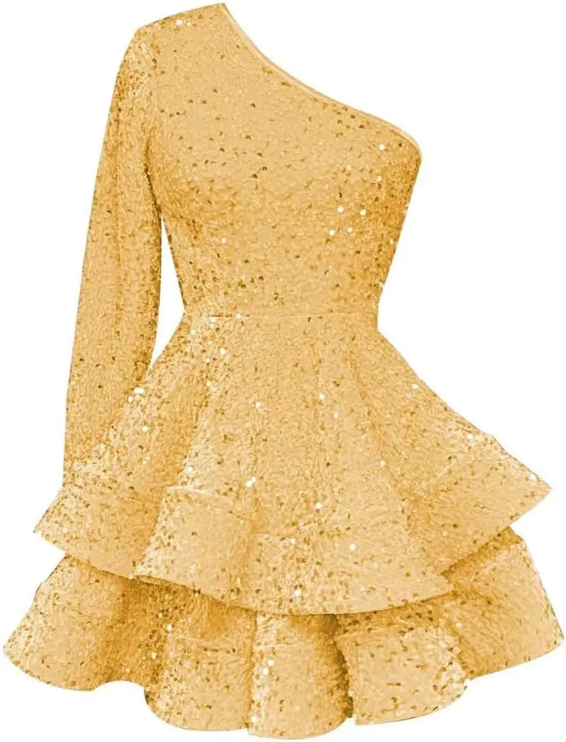 Long Sleeve Velvet Sequin Homecoming Dresses Teens Sparkly One Shoulder Short Prom Dress Layered Cocktail Party Graduation Dress