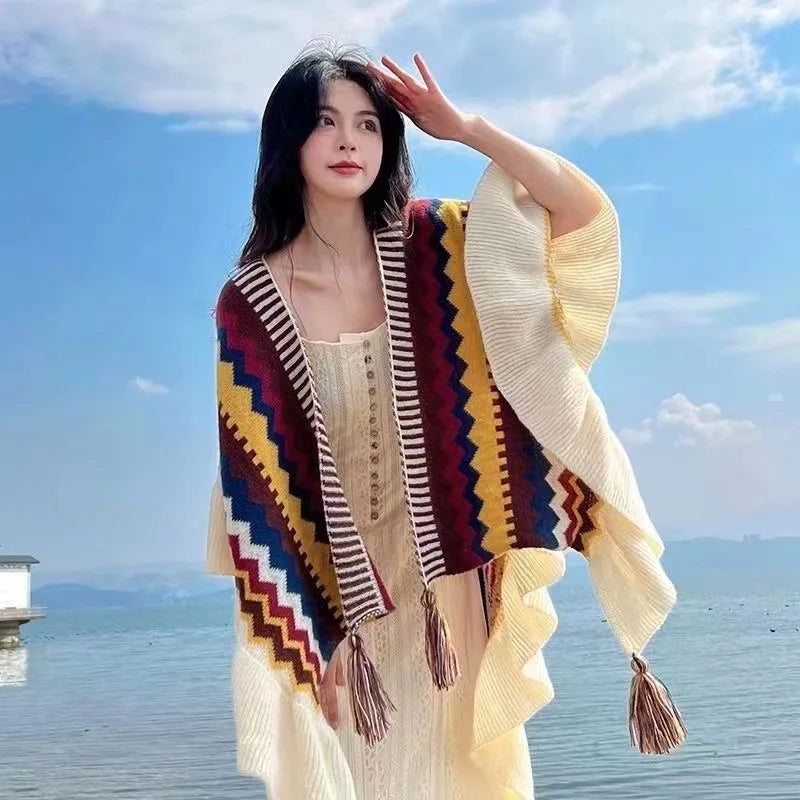 Women Spring Autumn Bohemia Shawl Lady Mohair Knitted Tassel Cardigan Retro Ethnic Wrap Striped Ruffled Scarf for Travel New in