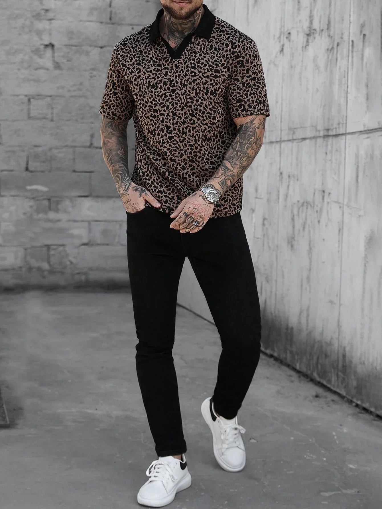 Men's Short Sleeve Leopard Print Polo Shirt Casual Streetwear