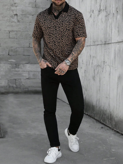 Men's Short Sleeve Leopard Print Polo Shirt Casual Streetwear