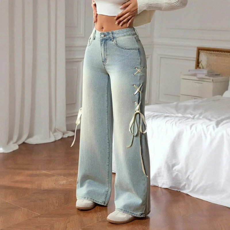 Women Casual Denim Pants Washed Lace Up Loose Spliced Long Pant Wide Leg Trousers Solid Pocket Elegant Lady Jeans Winter 2025