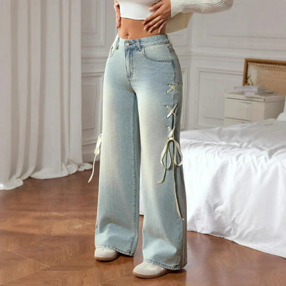 Women Casual Denim Pants Washed Lace Up Loose Spliced Long Pant Wide Leg Trousers Solid Pocket Elegant Lady Jeans Winter 2025