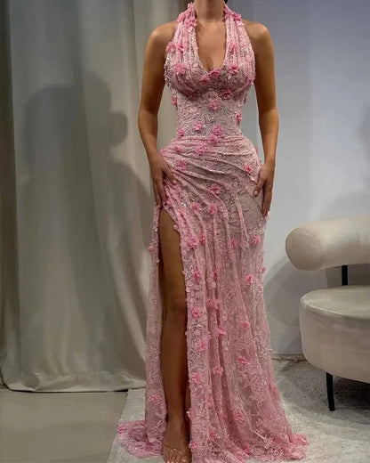 Elegant Pink Halter Mermaid Evening Dress Flower Lace Beaded Formal Prom Gown Luxury lace High Split Wedding Dress Customized