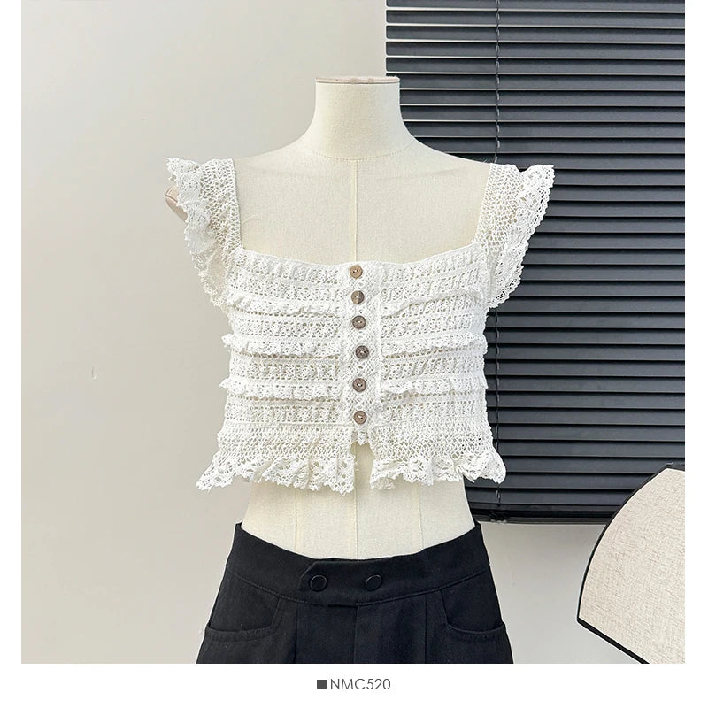 Smocked Ruffled Tank Top with Lace Trim Crochet Top Women's Button-up Pointelle Crop Cami Vest Spring Summer 2026 Y2K 90s