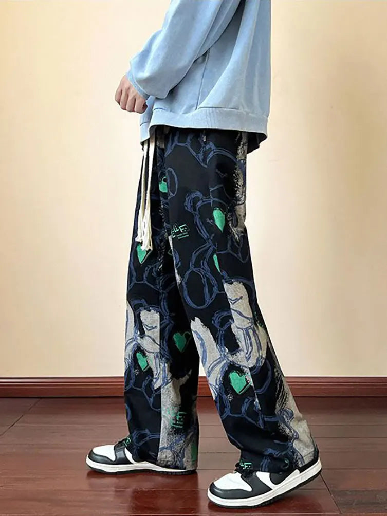 Fashion Y2k Print Wide leg Baggy Pants Men Korean Designer Student Streetwear Straight Long Trousers Casual Sport Hip hop 2023