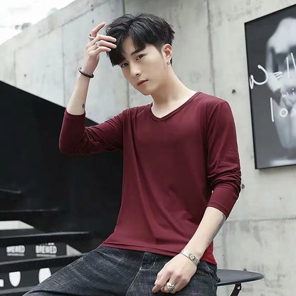 Business Style Long Sleeve T-Shirt for Men Loose Fit Thin Cotton Top Youth Version Bottom Shirt for Work Autumn Wear