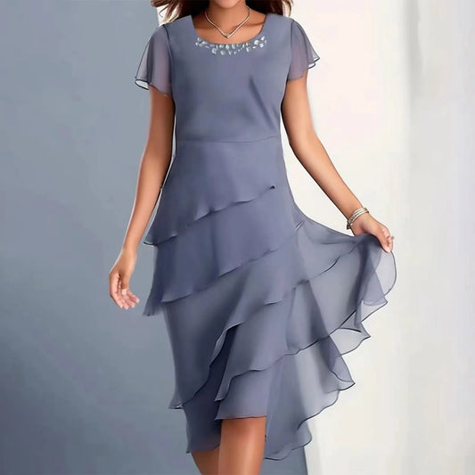 Womens Dresses Women'S Summer Solid Color Dress: Short Sleeve Round Neck Chiffon Paneled Dresses For Women Summer Plus Size