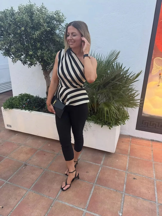 YENKYE New 2026 Women's Striped One Shoulder Sleeveless Peplum Top Draped Asymmetric Hem Party Crop Top Summer Blouse