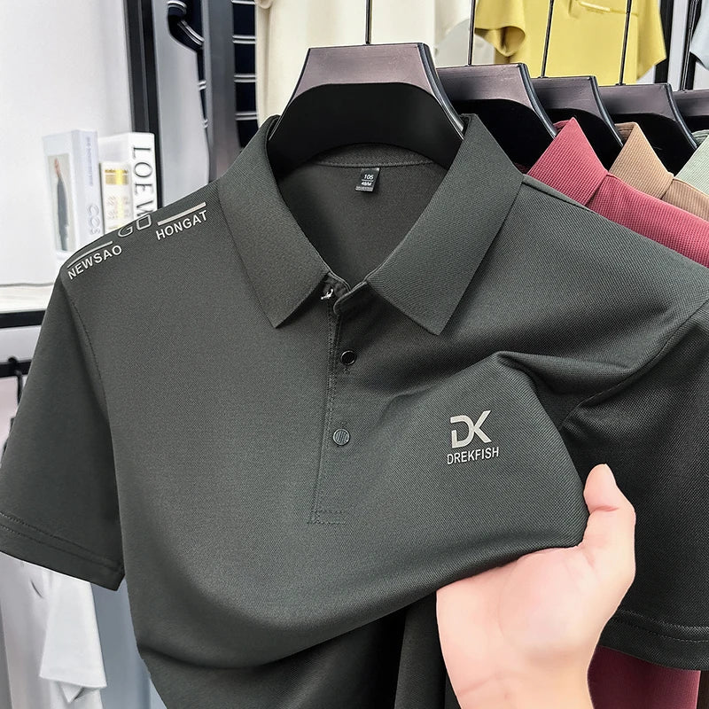 Mens Vertical Fine Rib Short Sleeve Polo Shirts Minimal Chest Embroidery Anti Crease Soft Comfort Daily Business Shirts