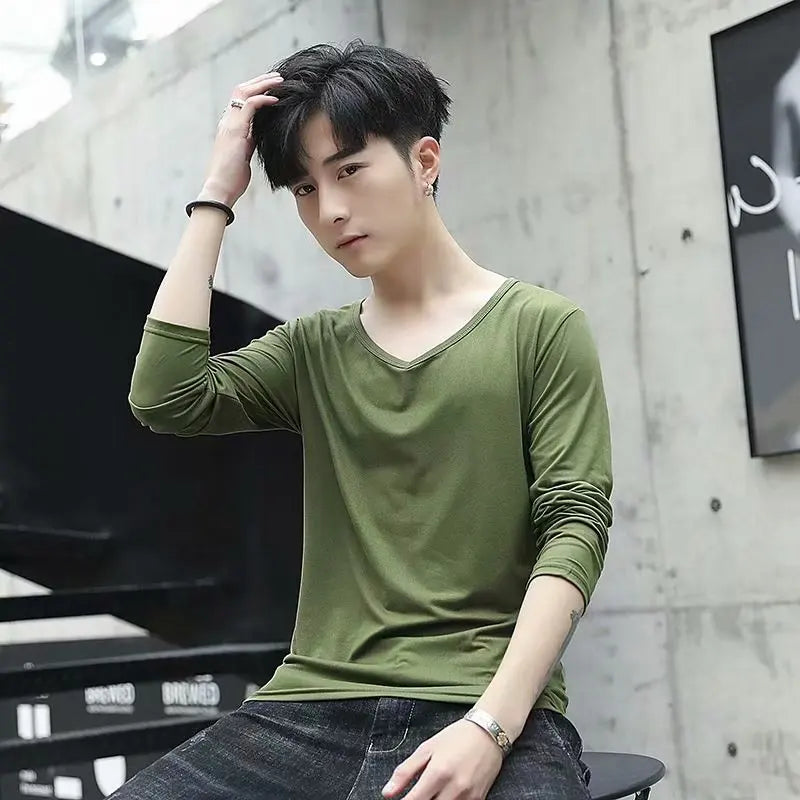 Business Style Long Sleeve T-Shirt for Men Loose Fit Thin Cotton Top Youth Version Bottom Shirt for Work Autumn Wear