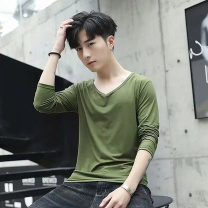 Business Style Long Sleeve T-Shirt for Men Loose Fit Thin Cotton Top Youth Version Bottom Shirt for Work Autumn Wear