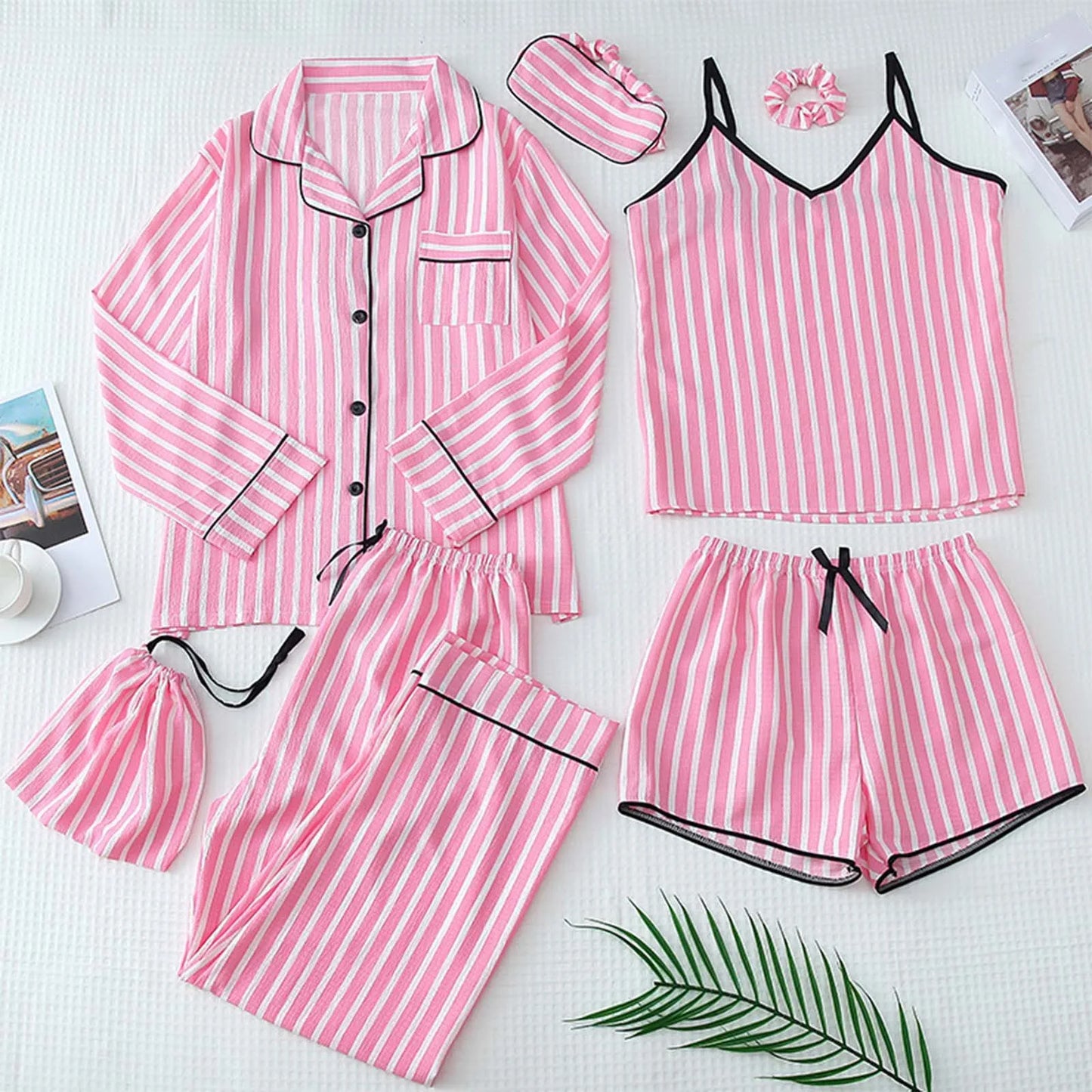 Women'S Spaghetti Strap Pajamas Set 7 Piece Cute Loungewear Shorts Pj Set Ladoes Pajamas Outfit Sleepwear For Sleeping піжама