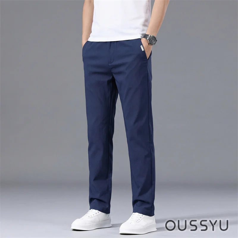 Good Quality Summer High Stretch Men's Casual Pants Polyamide Fiber Slim Straight Business Elastic Waist Work Chino Thin Trouser