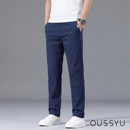 Good Quality Summer High Stretch Men's Casual Pants Polyamide Fiber Slim Straight Business Elastic Waist Work Chino Thin Trouser