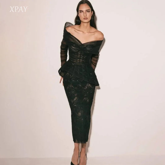 XPAY 2026 Black Evening Dresses Tulle Lace Long Sleeves Prom Dresses Ankle-length Elegant Ladies Vestidos De Fiesta Customized