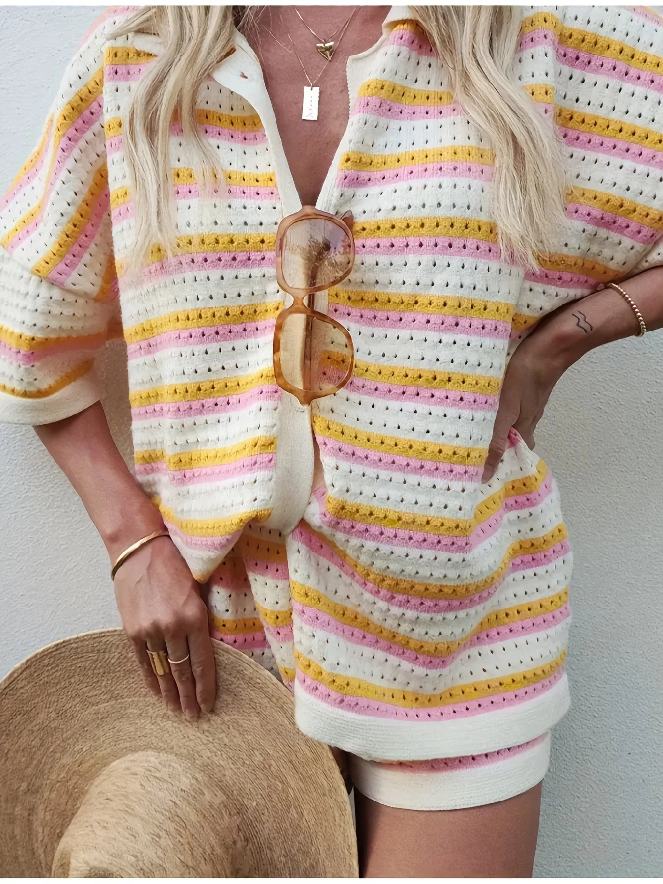 Hollow Striped Knitted 2 Pieces Set Short
