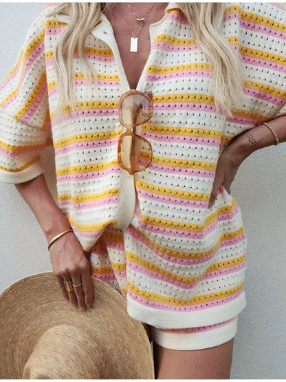 Hollow Striped Knitted 2 Pieces Set Short