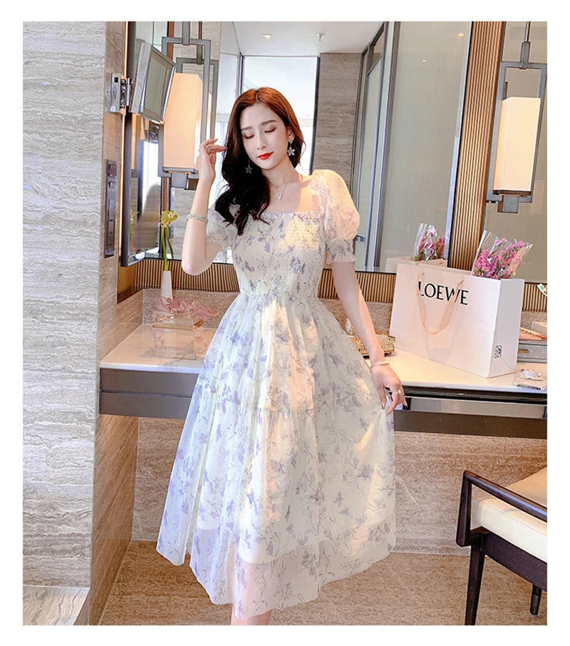 Zoki Elegant Floral Chiffon Party Dress Women Fashion Puff Sleeve A Line Midi Dress Sweet Square Collar Korean Female Vestidos