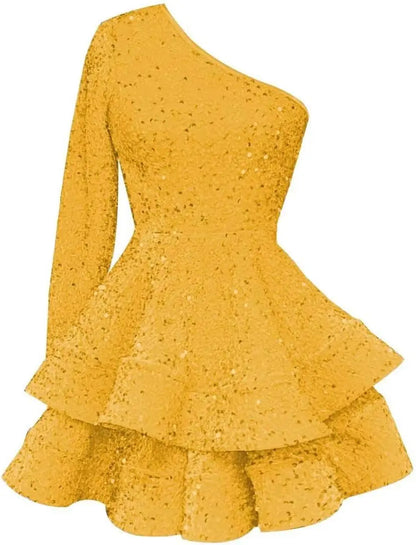 Long Sleeve Velvet Sequin Homecoming Dresses Teens Sparkly One Shoulder Short Prom Dress Layered Cocktail Party Graduation Dress