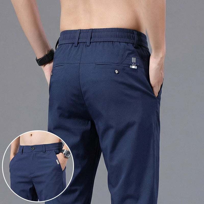 Good Quality Summer High Stretch Men's Casual Pants Polyamide Fiber Slim Straight Business Elastic Waist Work Chino Thin Trouser