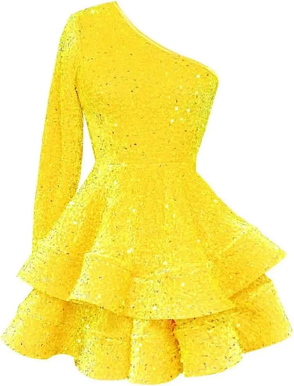 Long Sleeve Velvet Sequin Homecoming Dresses Teens Sparkly One Shoulder Short Prom Dress Layered Cocktail Party Graduation Dress