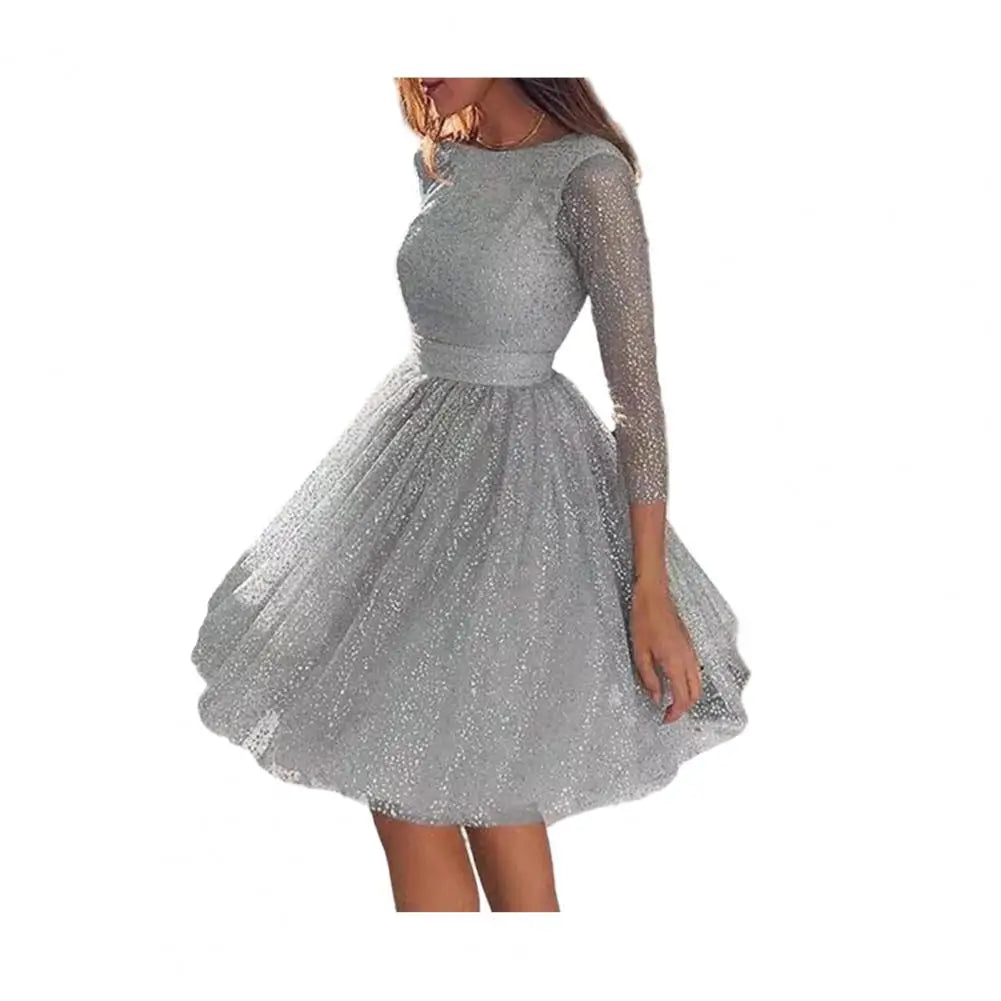 Dazzling Evening Gown Glitter Starry Tulle Prom Dress Crew Neck Formal Women Evening Dress Mesh Cocktail Party Short Dress 80%