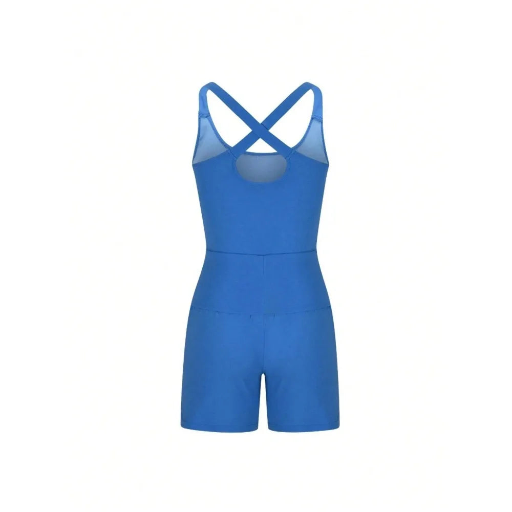 Women's Solid Color Back Waist V-Crossed Simple Casual Jumpsuit Gym Women Outfit Body Suit Womens Sexy Running One-Sie Workout Rompers One Piece Outfits Exercise Jumpsuits Sleeveless Athletic Tennis Romper Gym Yoga Clothes