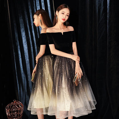 2026 Summer Women's New High Quality Luxury Black Glitter Host Performance One Shoulder Banquet Slimming Evening Dress