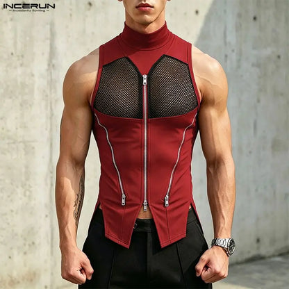 INCERUN Men Tank Tops Mesh Patchwork Turtleneck Zipper See Through Sleeveless Men Clothes Streetwear Irregular Tops Male Vests