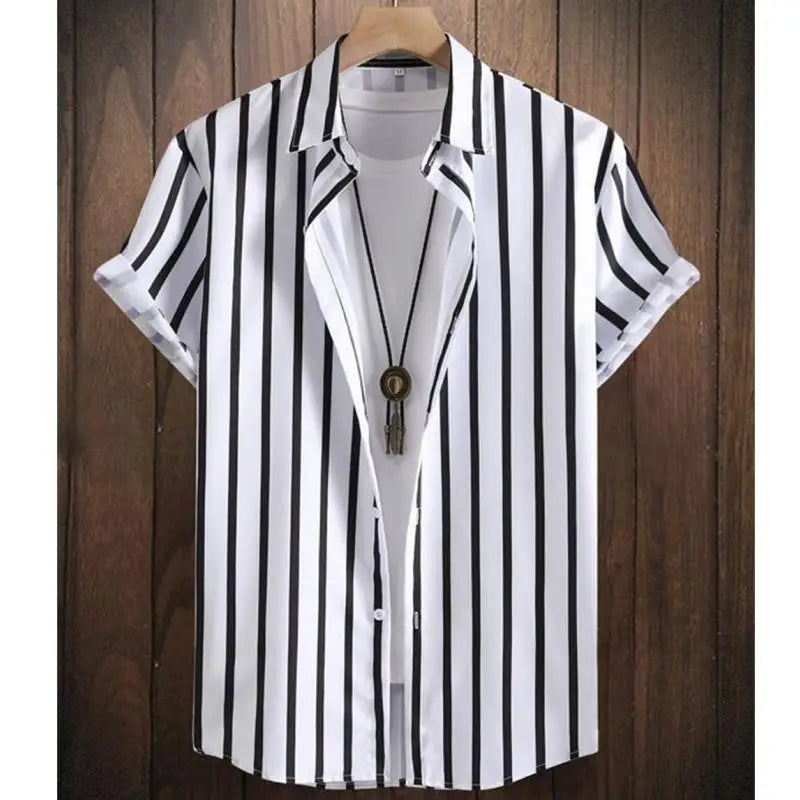 Alternating Striped Man Shirt Summer Minimalist Shirts Beach Casual Style Short Sleeved White  Shirt Men's Hawaii Vacation Tops