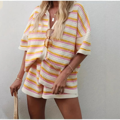 Hollow Striped Knitted 2 Pieces Set Short