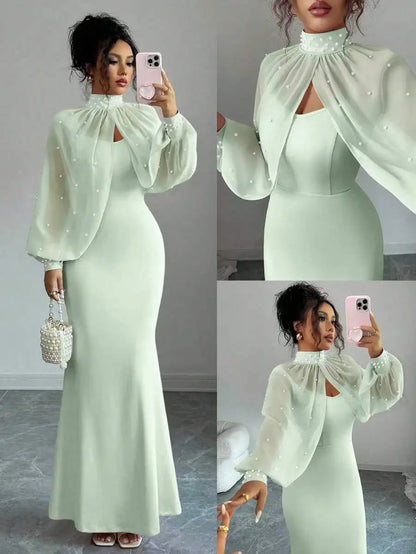 Elegant Pink Mermaid Gown with Beaded Sheer Capelet, Bodycon Slip Dress Set