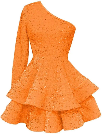 Long Sleeve Velvet Sequin Homecoming Dresses Teens Sparkly One Shoulder Short Prom Dress Layered Cocktail Party Graduation Dress