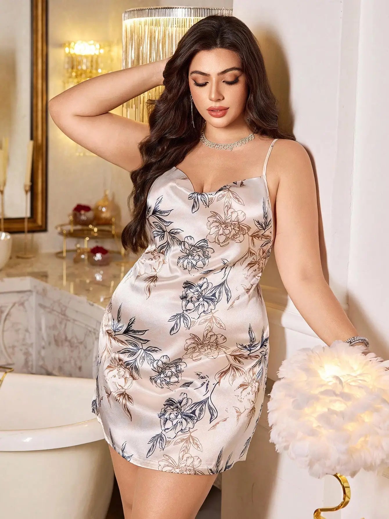 MuseNap CURVE Plus Size Sexy Spaghetti Strap Draped Neck Floral Print Faux Silk Nightgown Floral Satin Sleepwear