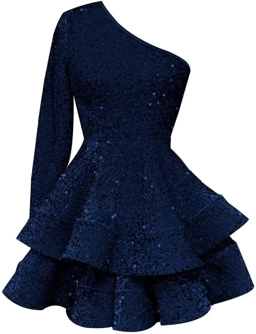 Long Sleeve Velvet Sequin Homecoming Dresses Teens Sparkly One Shoulder Short Prom Dress Layered Cocktail Party Graduation Dress