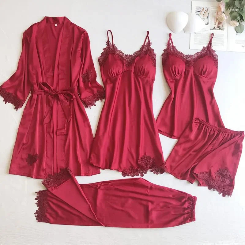 Women's Sleepwear Gray 5PCS Nightgown Set Women Lace Nightwear V-Neck Pajamas Suit Homewear Spring Robe Gown Sleep Wear Pijama Negligee